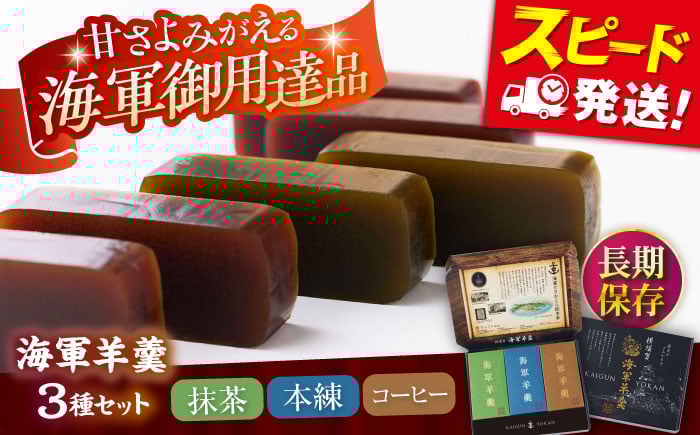 
            海軍羊羹 3種3本セット 防災 非常食 羊羹 保存食 ようかん 抹茶 本練 珈琲 長期保存 海軍御用達品 和菓子 横須賀【有限会社さかくら総本家】 [AKEI003]
          