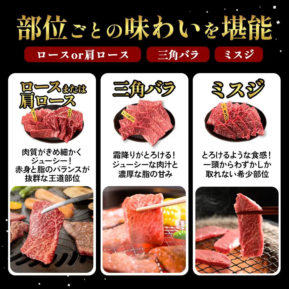 宮崎県産 黒牛 焼肉 赤身 牛肉 焼肉セット ロース 肩ロース 三角バラ ミスジ 3点盛り 840g(280g × 3パック)焼肉用 肉 お肉 牛 国産牛 食べ比べ セット 小分け 真空パック 冷凍 