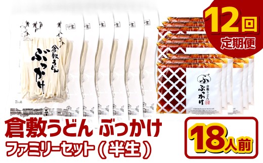【12ヶ月定期便】『倉敷うどん ぶっかけ』ファミリーセット(半生) 18人前×12回 うどん 麺類 麺 半生 半生麺 ぶっかけうどん タレ つゆ 岡山県 倉敷市