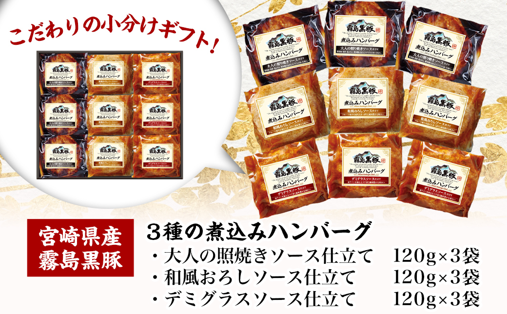 【父の日】霧島黒豚 3種の煮込みハンバーグギフト (デミグラスソース仕立て・和風おろしソース仕立て・大人の照焼きソース仕立て)≪6月12日～15日お届け≫_AA-2804-FG