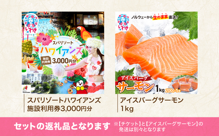 スパリゾートハワイアンズ　施設利用券3,000円分＋アイスバーグサーモン（アトランティックサーモン）　約1kg（約200g×5袋） | 利用チケット 入場券 ホテルハワイアンズ モノリスタワー ウイル