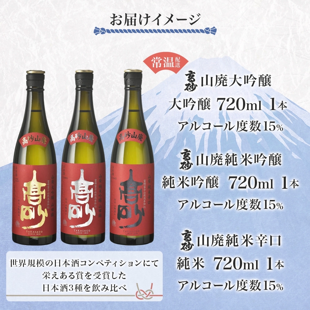 0022-106-01 高砂 山廃 3種飲み比べセット 720ml×各1本 山廃大吟醸 山廃純米吟醸 山廃純米辛口