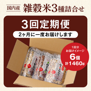 【隔月3回　定期便】国内産 雑穀米3種詰め合わせ （GABA雑穀米・美人雑穀米・五種玄氣雑穀米　各2個）_米 雑穀米 おいしい 3種 6パック 詰め合わせ セット 1460g 隔月 定期便 3回 国内