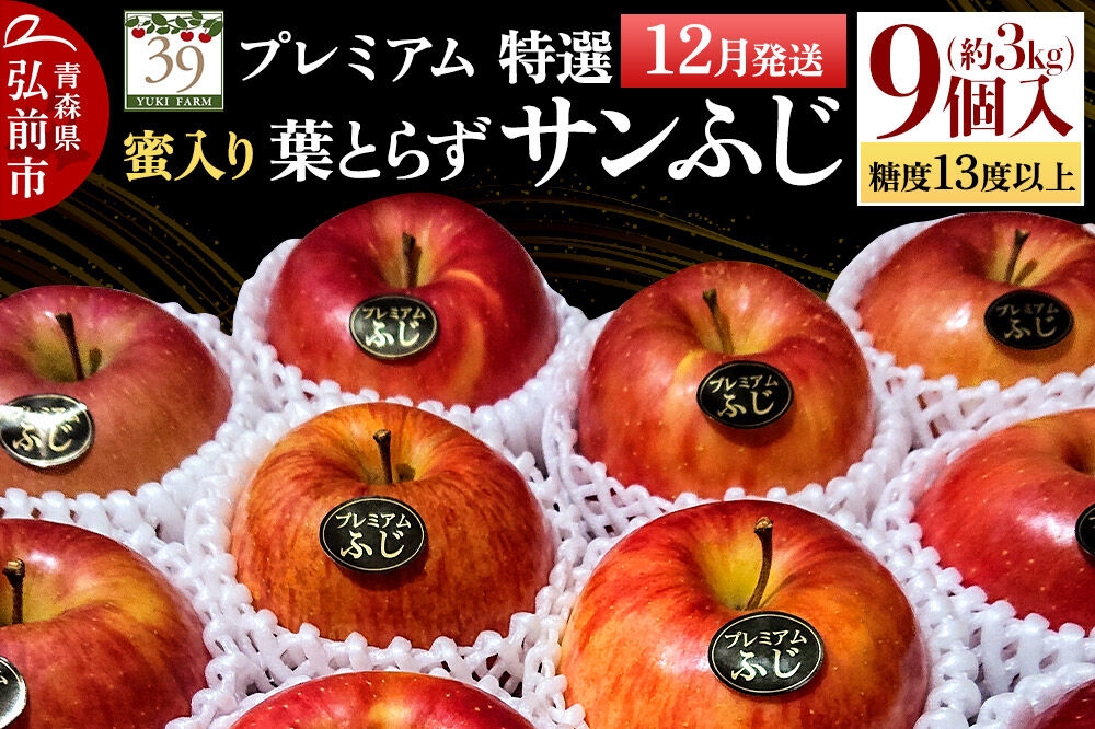 
                  【26年12月発送】りんご 葉とらず サンふじ【特選】約3kg（9個）糖度13度以上 蜜入り プレミアム【数量限定】先行受付 青森県 弘前市 果物 フルーツ 林檎 リンゴ くだもの ギフト 贈り物 [先行予約 産地直送 アップル おいしい 果実 美味 甘い 赤色]
                