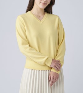 日本製 カシミヤ100% レディース Vネック イエロー Mサイズ [2562]