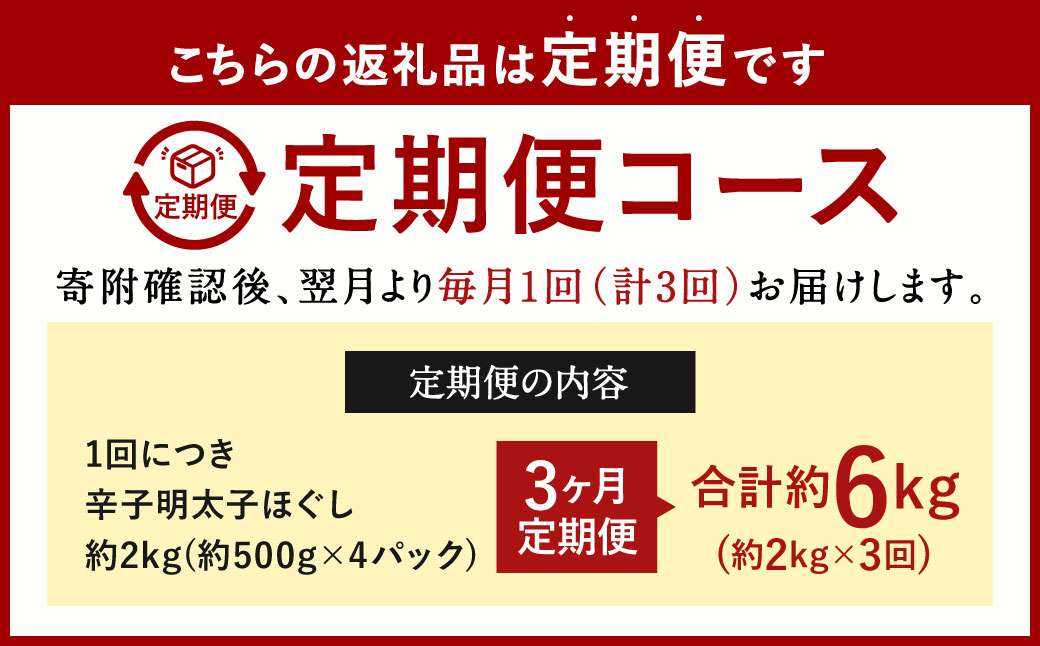 【3ヶ月定期便】辛子明太子ほぐし 約2kg 総重量約6kg 明太子 辛子明太子 めんたいこ ほぐし 海鮮 魚介類 魚卵 おつまみ ご飯のお供 定期便 冷凍 九州 福岡県 北九州市