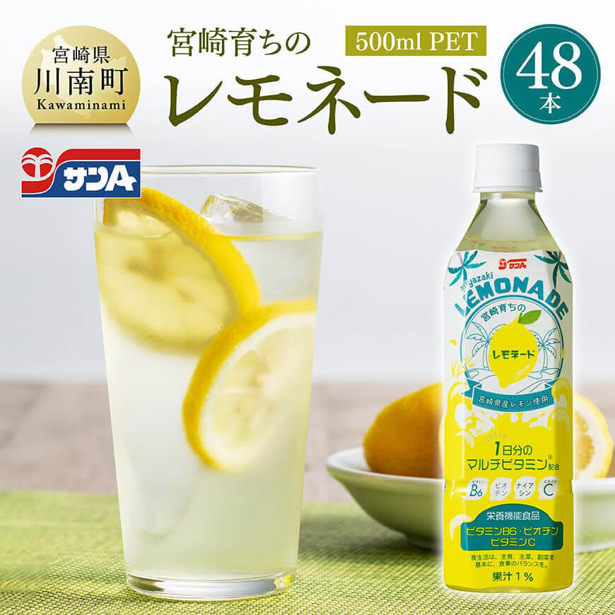 【ふるさと納税】サンA宮崎育ちのレモネード500mlPET　24本入り×2ケース - 飲料 栄養機能食品 レモン 檸檬 マルチビタミン配合 PET セット ジュース 長期保存 備蓄 九州 宮崎県産 川南町 持運び簡単 送料無料 C03016