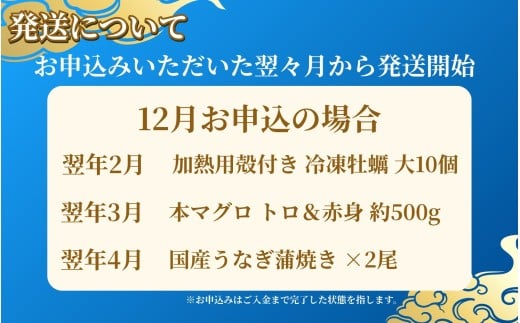 【3ヶ月定期便】海の幸定期便 【すべて国産！人気のうなぎ・牡蠣・本マグロを3回お届け】 / 海鮮 鰻 ウナギ 牡蠣 カキ まぐろ 鮪 人気 豪華 贈答 贈り物 ご褒美 お祝い ギフト プレゼント 【tkb607】