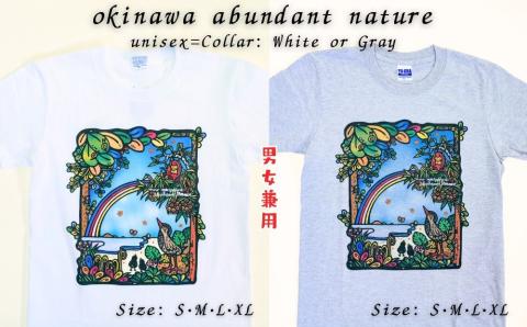 【グレー　XLサイズ】 紅型　デザイン工房ten天　紅型Tシャツ大人用　グレー　okinawa abundant nature 沖縄　豊かな　自然　かわいい　レディース　メンズ　ユニセックス　男女兼用