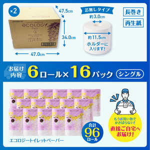 200m長巻き芯なしトイレットペーパー「エコロジー」96個 省スペース コンパクト 非常用 日用品 備蓄 防災(a1131) 