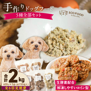 【隔月6回定期便】1cofood　手作りドッグフード　5種全部セット　1.香り豊かな牛ごはん　2.サーモンとタラのうまみごはん　3.鹿ごはん　4.猪ごはん　5.鶏ごはん _ ドッグフード 手作り 5種 セット 400g × 5袋 1cofood 6回 ジップ付き ウェットタイプ 牛肉 サーモン 低脂肪 高タンパク 鹿肉 猪肉 鶏肉 国産野菜 米 フルーツ 生酵素 海藻 コイン型 ペット 冷凍 福岡県 久留米市 送料無料  〔Tk087〕