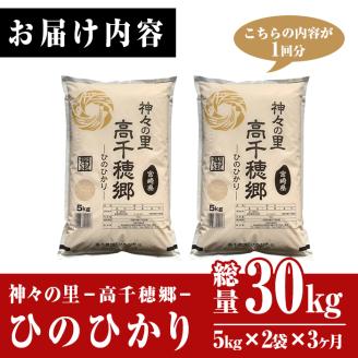 ＜令和5年産＞＜定期便(連続3回)＞宮崎県産 神々の里 高千穂郷ひのひかり(5kg×2袋×3回)【NK009】【宮崎県農業協同組合　高千穂地区本部】