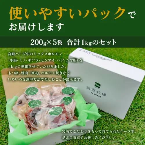 小分けで便利＜宮崎ハーブ牛＞ ミックスホルモン 計1kg（200g×5パック） 小腸 ミノ ギアラ センマイ ハツ シマ腸 【C201】