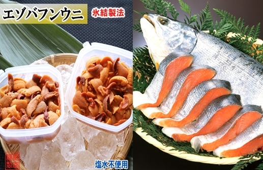 A-71058 冷凍エゾバフンウニ約20～30g×2P(赤系)・塩銀鮭切り身×3切(個包装)[11月上旬以降発送]