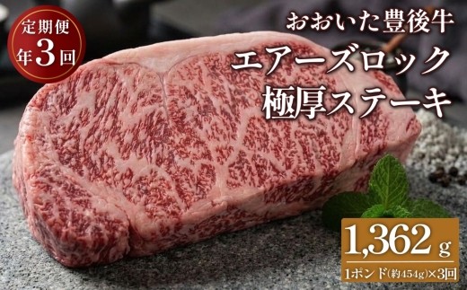 【定期便3回】日本一の和牛 おおいた豊後牛 1ポンド エアーズロック極厚ステーキ 約454g×3回