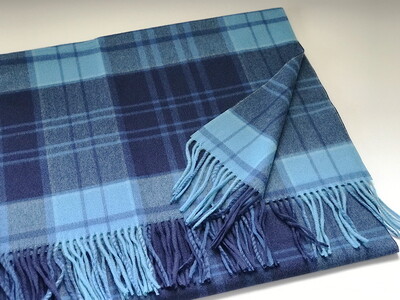 日本製 カシミヤ100% 大判ショール 格子柄 ブルー RF602
