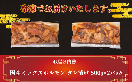 国産 ホルモン ミックス タレ 漬け 1kg 冷凍 牛肉 牛ホルモン 小分け 500g × 2パック センマイ 丸腸 大腸 ギアラ せんまい ハツ 下関  山口 FI006 ( 焼肉 肉 老舗 伊藤精