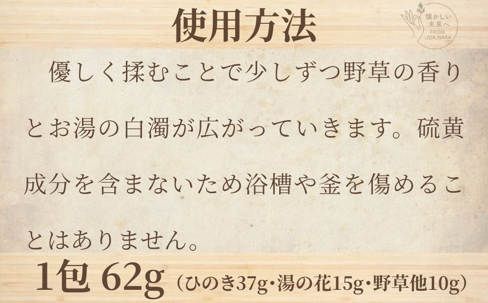 生ひのきの湯 入浴剤 (62g×2包) ／ ふるさと納税 入浴剤 ギフト プレゼント 疲労回復 個包装 コラボ 天然素材 桧 檜 湯の花 大和当帰 風呂 宇陀薬狩郷 奥飛騨温泉郷 父の日 奈良県 宇陀