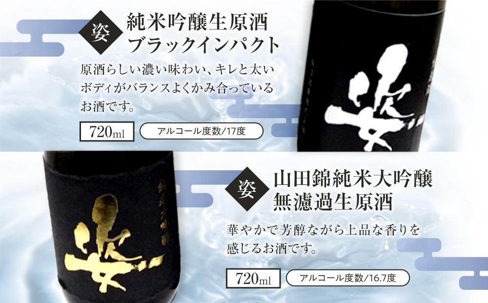 【姿】山田錦純米大吟醸無濾過生原酒・純米吟醸生原酒Black Impact セット【お酒 さけ 人気 おすすめ  ギフト】