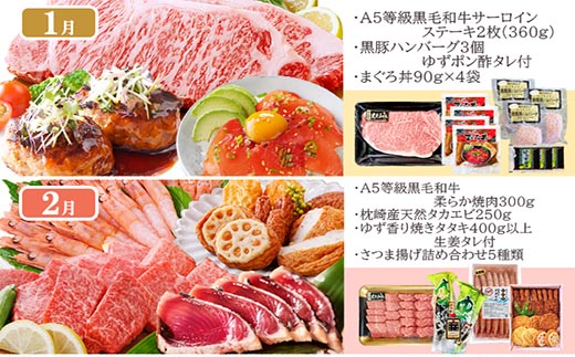 定期便(12回配送)お楽しみ便(A5等級黒毛和牛・黒豚・かつお・まぐろ・さつまあげ等)JJ-6002【1166755】 _ ふるさと納税 定期便 牛肉 豚肉 しゃぶしゃぶ ステーキ ハンバーグ まぐろ カツオ タタキ さつま揚げ さしみ ソーセージ 餃子 すき焼き 焼肉