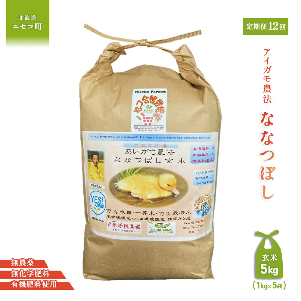 【ふるさと納税】《数量限定先行受付！令和7年産米》【12回定期便】合鴨農法ななつぼし 【玄米】【有機肥料/無農薬・無化学肥料・備蓄用】 令和7年度米 5kg(1kg×5袋)　水田環境鑑定・米食味鑑定士鑑定米【Yesclean農法認定品】【31145】