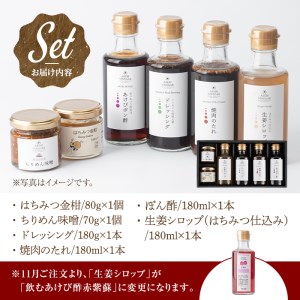 s254 希少なあけび酢を使用したお食事の友(計6品)ドレッシング・焼肉のたれ・ちりめん味噌・ぽん酢・はちみつ金柑・生姜シロップ(季節により飲むあけび酢赤紫蘇に変更)【薩摩ビネガー工房】