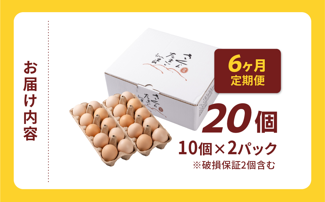 【定期便6ヶ月】20個 新鮮 特選 さくらたまご 20個 6ヶ月 パック数 回数 6回 新鮮な卵 (発送当日・または前日に採れた卵) 安心 安全 対応 破損 割れ保障 保証付 安心対応 サポート 里山
