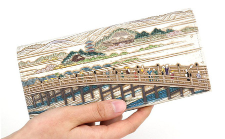 【文庫屋大関】スッキリ大人の財布　束入れ　浮世絵　三条大橋【皮革工芸品】 ファッション小物 手作業 手塗 