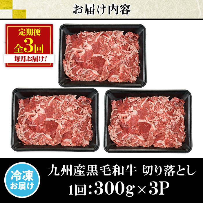 No.1376-A ＜定期便・全3回＞九州産 黒毛和牛切り落とし(総計2.7kg・300g×3P×３回) 牛肉 切落し 切り落し 和牛 冷凍 九州産 国産 小分け 国産牛 お肉 牛丼 野菜炒め カレー