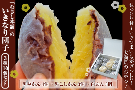 むさし本舗の いきなり団子 10個入り (黒粒4個、黒こし3個、白あん3個)  お菓子 スイーツ デザート 和菓子 おもてなし 贈答  《60日以内に出荷予定(土日祝除く)》