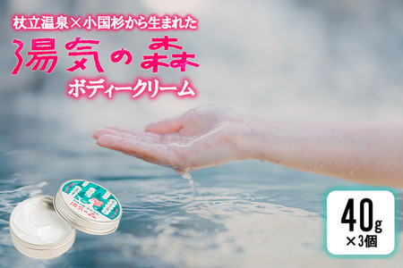 【杖立温泉旅館組合】湯気の森 ボディークリーム 杖立温泉 小国杉 温泉成分 精油 地元素材 しっとり 滑らか 保湿 ボディクリーム 全身 40g 3個 企画開発 地場産品 ご自宅用 ギフト 贈答 贈り物 熊本 阿蘇 小国町