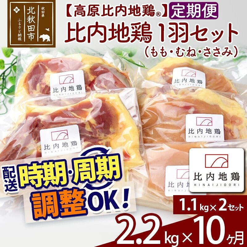 【ふるさと納税】《定期便10ヶ月》 高原比内地鶏 正肉 1羽分×2セット もも肉 むね肉 ササミ 2.2kg(1.1kg×2セット)×10回 計22kg 時期選べる お届け周期調整可能 小分け 個包装 国産 冷凍 鶏肉 鳥肉 とり肉 モモ肉 10か月 1