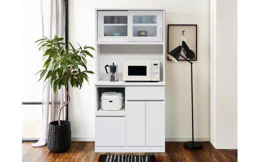 【開梱設置】食器棚 レンジ台 キッチンボード ブライト 幅89 鏡面 ホワイトパール レンジボード キッチン収納 大川家具 完成品 家具