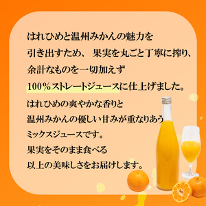 【愛媛産】ミックスジュース（はれひめ×温州ストレートジュース）720ml 2本｜柑橘 ジュース 果汁100% 愛媛産  みかんジュース ストレートジュース みかん 柑橘 はれひめ 温州 期間限定 雪幸
