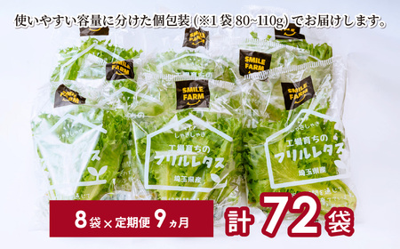 【定期便9ヶ月】 ＜洗わず食べられる・室内水耕栽培＞ フリルレタス 8袋(80～110g/袋)×9ヶ月 計72袋 | レタス 洗わずに食べられる ﾚﾀｽ 新鮮レタス オーガニック野菜 ﾚﾀｽ 無農薬 