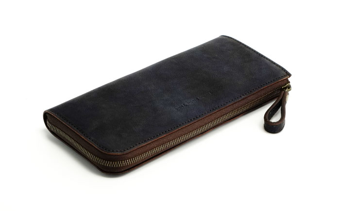 Ｌ字ファスナー財布「リセス」　濃藍　瀬戸内の海　天然藍染め・福山レザー　自社一貫製造　広島県福山市/株式会社サード　L字 長財布 財布 ウォレット カードポケット 経年変化 手染め　手擦り 天然藍染め