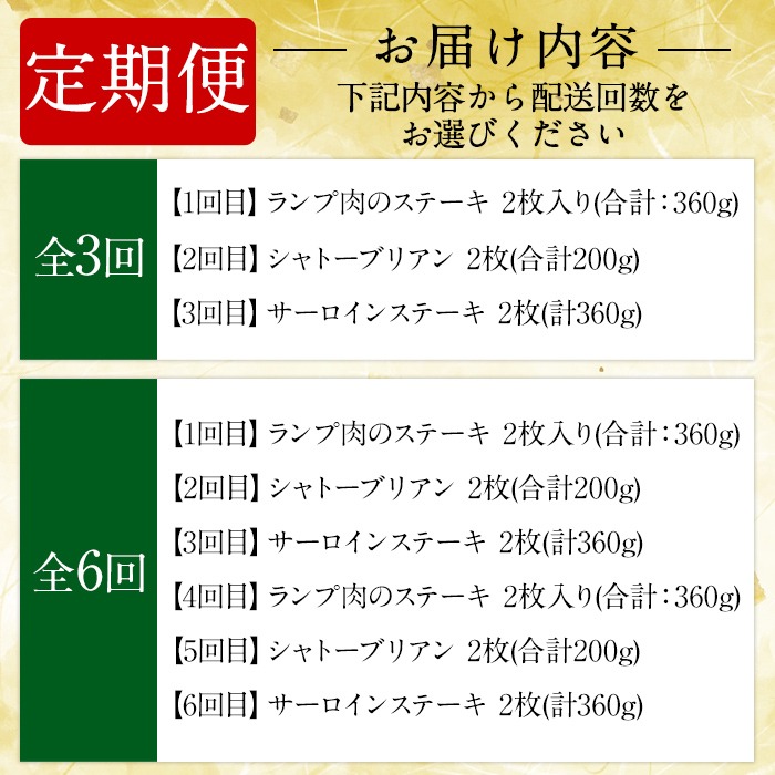 a969 ＜コラボ定期便！選べる配送回数＞姶良市おすすめ！ステーキ肉定期便(全3回・全6回)【水迫畜産・財宝】姶良市 コラボ こらぼ 国産 鹿児島産 お肉 肉 牛肉 ステーキ 冷凍 ランプ シャトーブリアン サーロイン