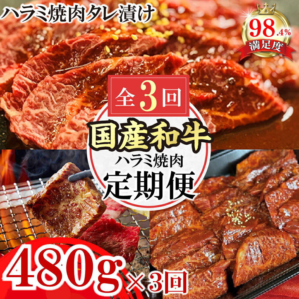 【ふるさと納税】【定期便】和牛入国産牛 ハラミ焼肉 秘伝の自家製タレ漬け 全3回 ハラミ 480g×3回 焼肉 ステーキ 国産 牛肉 和牛 冷凍