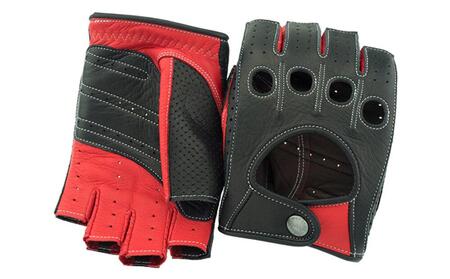 ドライビンググローブ 補強付 ハーフフィンガー  カカザン  CACAZAN 革手袋 レザーグローブ【カラー：ブラック×レッド サイズ：L】