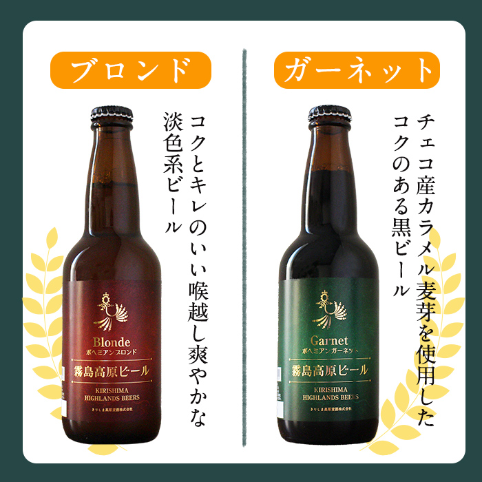 A3-006-A 《通常便》国産！霧島高原ビール2種飲み比べセット ブロンド・ガーネット各330ml(各種3本・計6本)【河内菌本舗】
