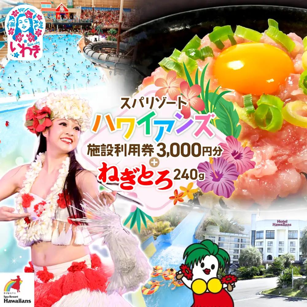 スパリゾートハワイアンズ　施設利用券3,000円分＋訳アリ 福島製造 ねぎとろ使い切りパック 約240g（約40g×6パック） | 利用チケット 入場券 ホテルハワイアンズ モノリスタワー ウイルポート フラダンス プール スパ 福島県 いわき市 マウナヴィレッジ ゴルフコース まぐろたたき ねぎとろ マグロ パーティー 使い切りパック 海鮮丼 お寿司 軍艦巻き | ZZ020