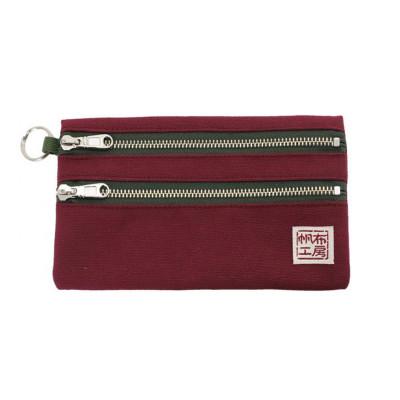 ふるさと納税 加東市 帆布工房　横長二段ファスナー付きポーチ(ダークレッド)　約12×20cm