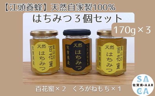 
            【セット】【江頭養蜂】天然自家製100％はちみつ3個セット（佐賀県産）(百花蜜×2 くろがねもち×1）
          
