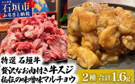 【2025年11月以降順次発送】特選石垣牛の牛スジと秘伝の味噌味マルチョウをご家庭で！！牛スジ500g×2、味噌味マルチョウ300ｇ×2のセット | 沖縄 石垣 牛スジ マルチョウ ホルモン 牛 肉 特選 黒毛 和牛 贅沢 秘伝 ミソ 味噌 家庭用 | IM-27