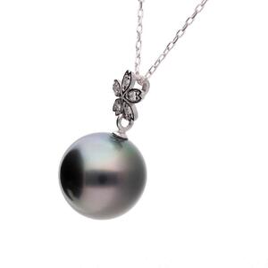 【星桜】ブラックパール ダイヤモンド プラチナ ペンダント｜無調色 黒蝶真珠 タヒチパール 南洋真珠 10mm PT900