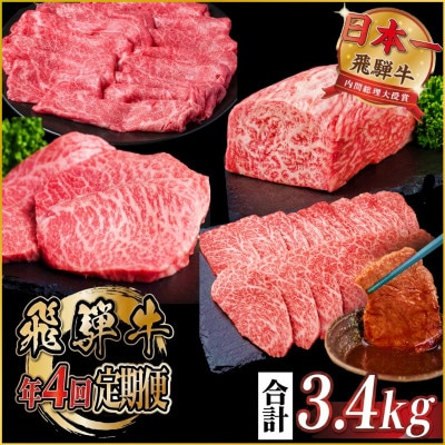 【発送月固定定期便】飛騨牛 赤身定期便 計3.4kg ヒレ モモ ブロック 赤身スライス 冷蔵全4回【配送不可地域：離島】
