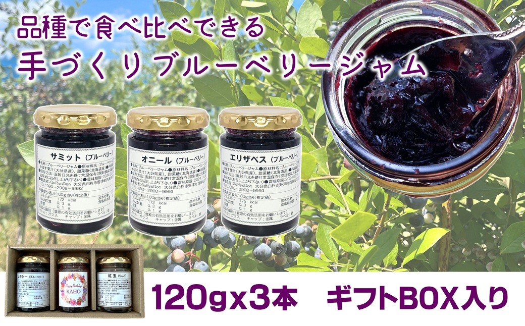 
            ブルーベリージャム３点セット（ギフトボックス付）120ｇ×3本　無添加　栽培期間中農薬不使用
          