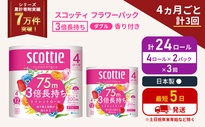 定期便 トイレットペーパー ダブル 3倍 長持ち 4ロール入×2パック スコッティ フラワーパック 香り付き《4ヶ月ごと計3回》 トイレット ペーパー セット 節約 日用品 日用雑貨 備蓄 備蓄用 防災 防災グッズ 3倍巻き 倍巻 宮城 宮城県 岩沼市