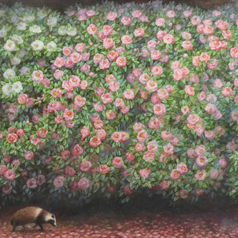 池上夏生 額付き高級プリント ”たぬきと山茶花”