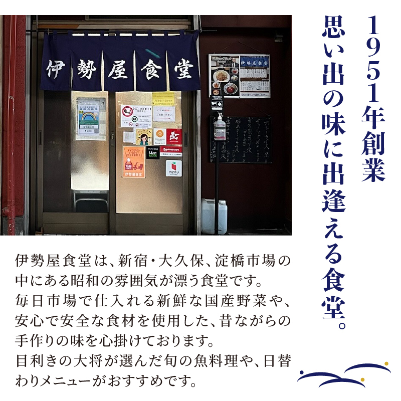 新宿・大久保「伊勢屋食堂 淀橋市場内」お食事券1,000円×10枚